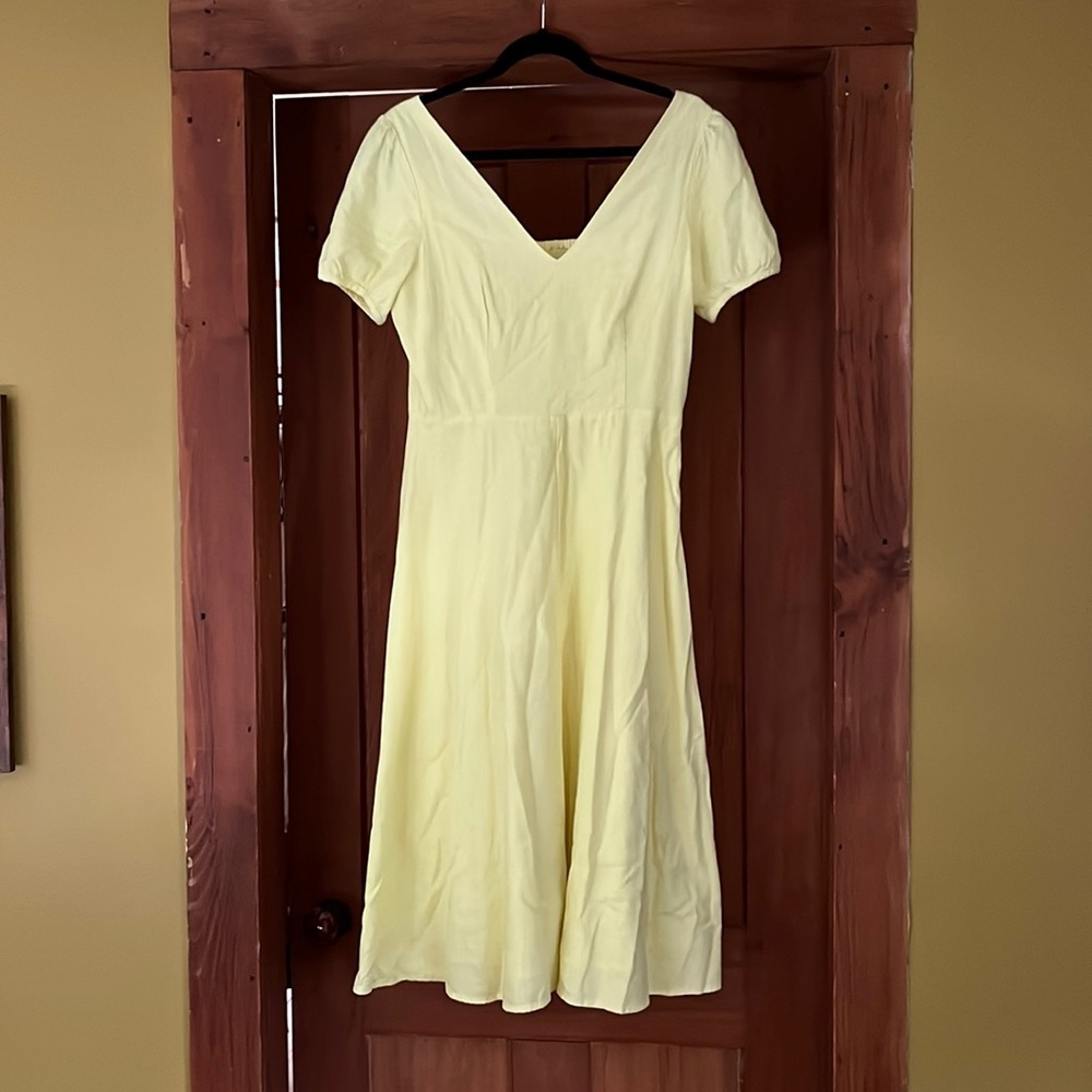 Size 4 Yellow Linen Blend Puff Sleeve Gap Midi Dress